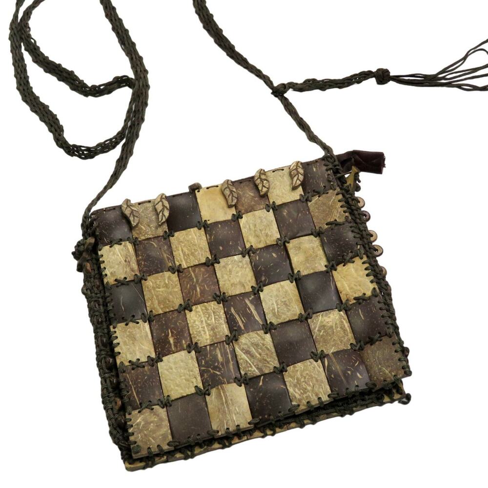 1990s Brown Retro Coconut Shell Vintage Crossbody Bag Earthy Crunchy